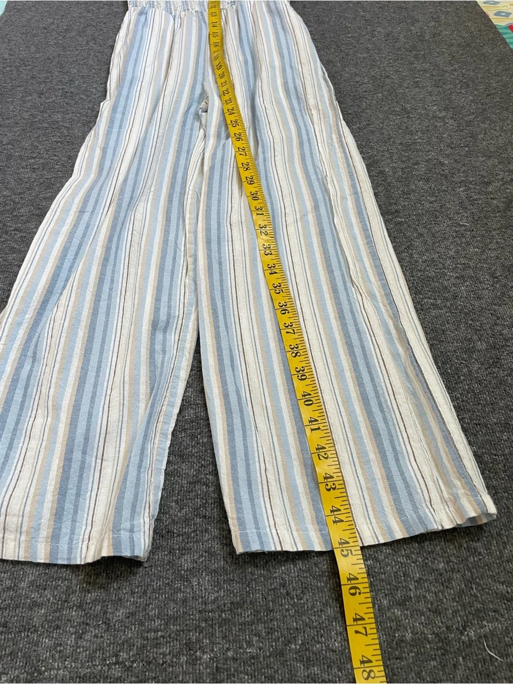 Tahari Girl Blue Striped Jumpsuit Size 10 Smocked Flutter Sleeve Cotton